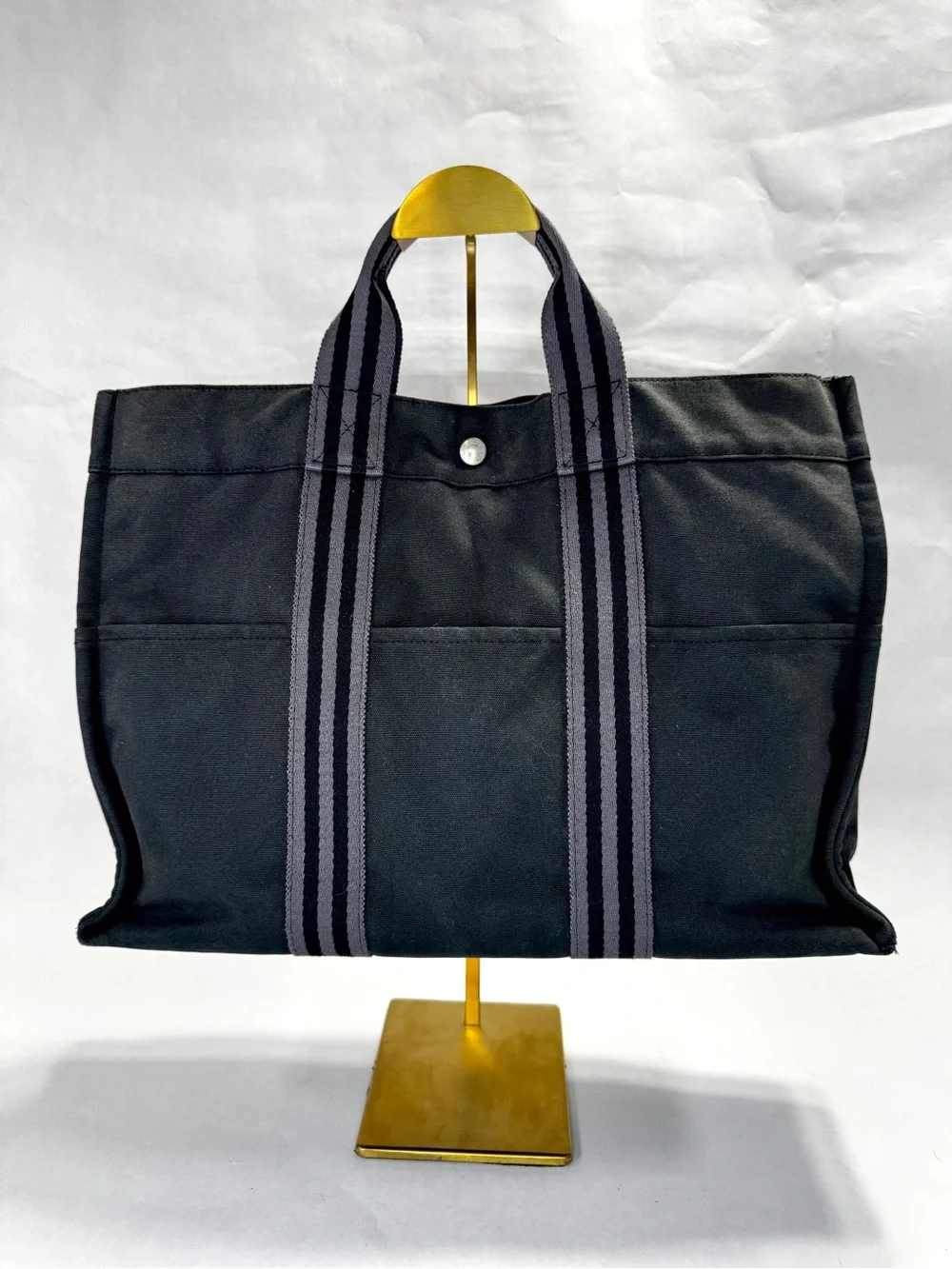 Hermès Fourre Tout MM Black Canvas Tote Gray Stripe